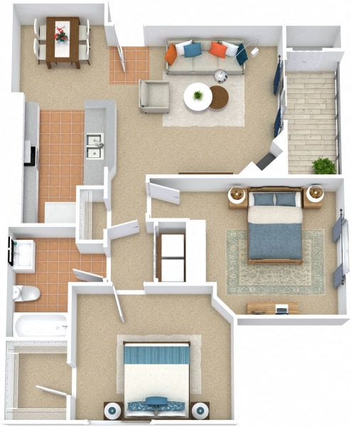 Floor plan for 2 beds, 1 bath, 876 sqft
